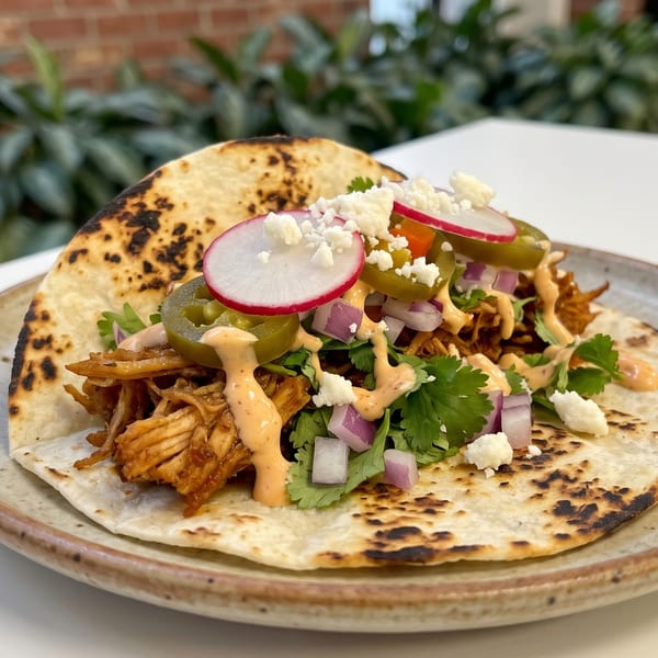 A close-up of a chicken taco with radishes, jalapeños, onions, cilantro, and sauce on a plate.
