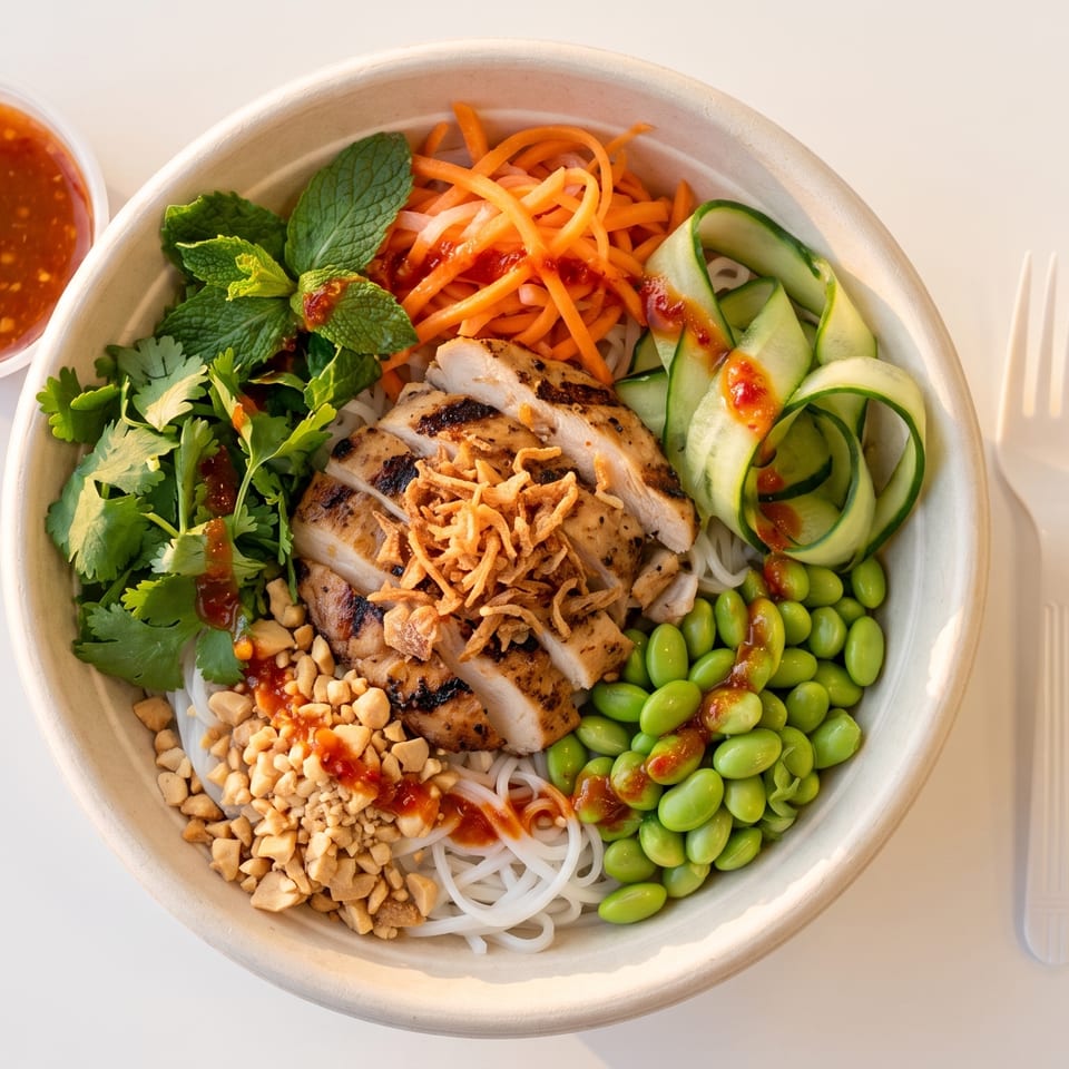 Grilled chicken, noodles, edamame, carrots, cucumber, and herbs in a bowl with sauce.