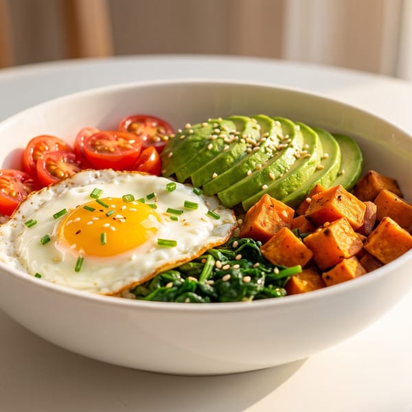 A vibrant breakfast bowl with a fried egg, avocado, tomatoes, spinach, and sweet potatoes.