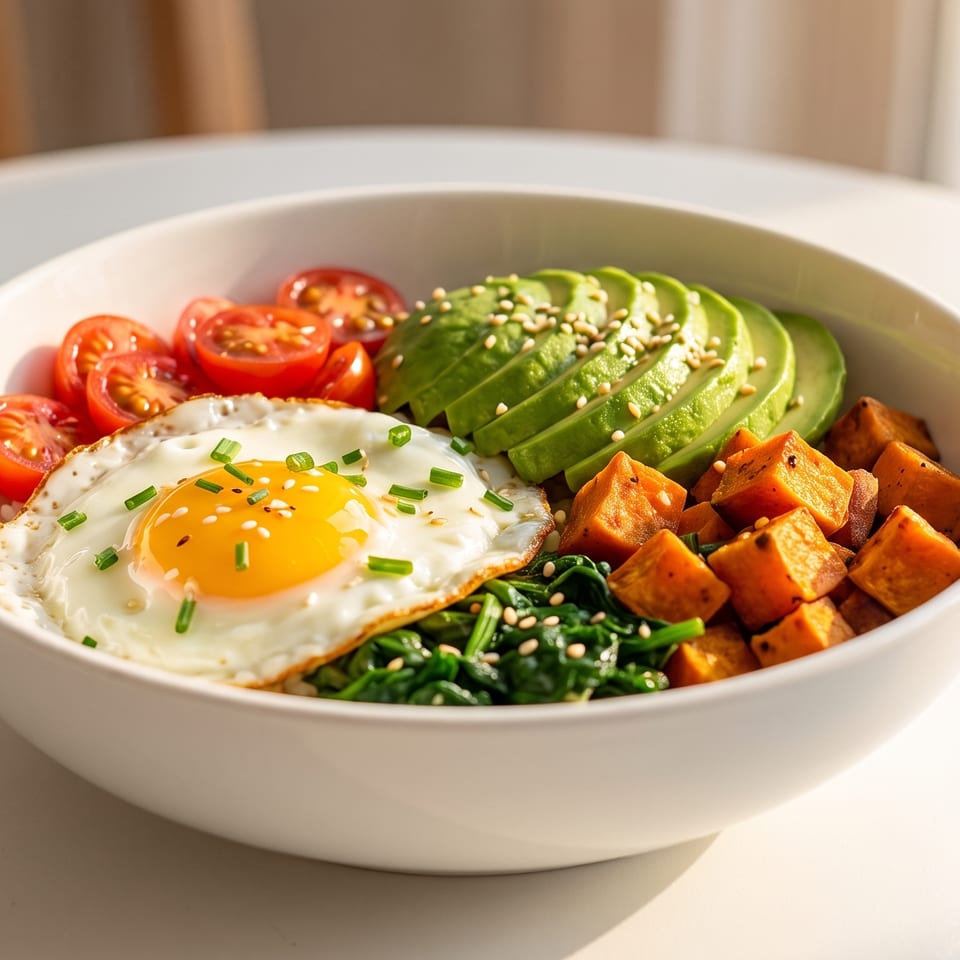 A vibrant breakfast bowl with a fried egg, avocado, tomatoes, spinach, and sweet potatoes.
