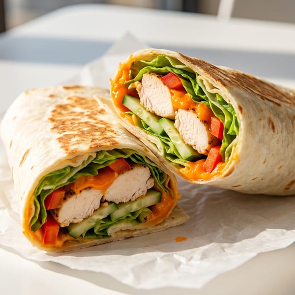 Chicken wrap cut in half, filled with lettuce, cucumber, red peppers, and orange sauce.