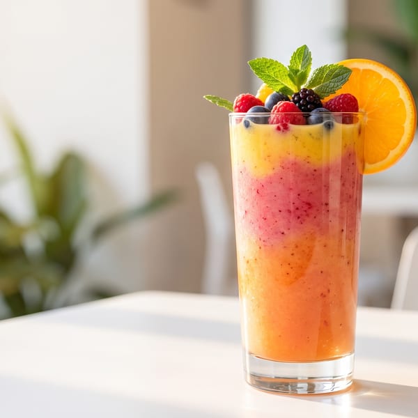 Colorful layered smoothie with berries, mint, and an orange slice on a white table.