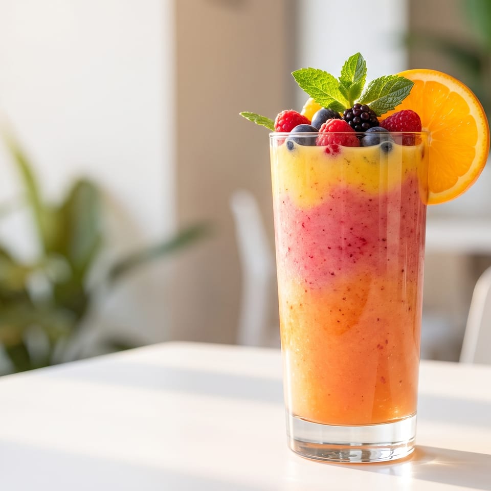 Colorful layered smoothie with berries, mint, and an orange slice on a white table.
